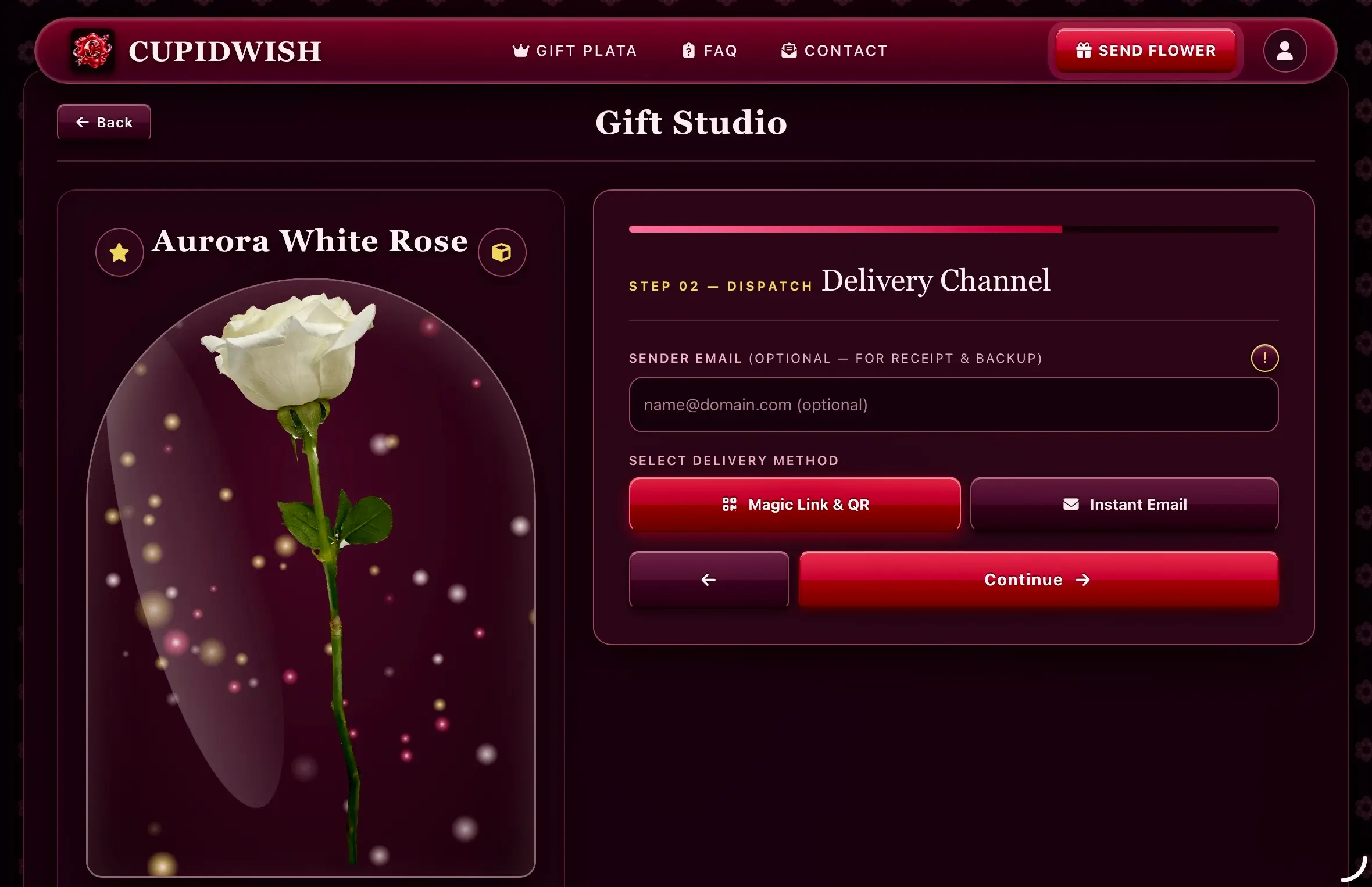 Step 2 in CupidWish Gift Studio: Aurora White 3D Rose and choosing Magic Link QR code or Instant Email delivery