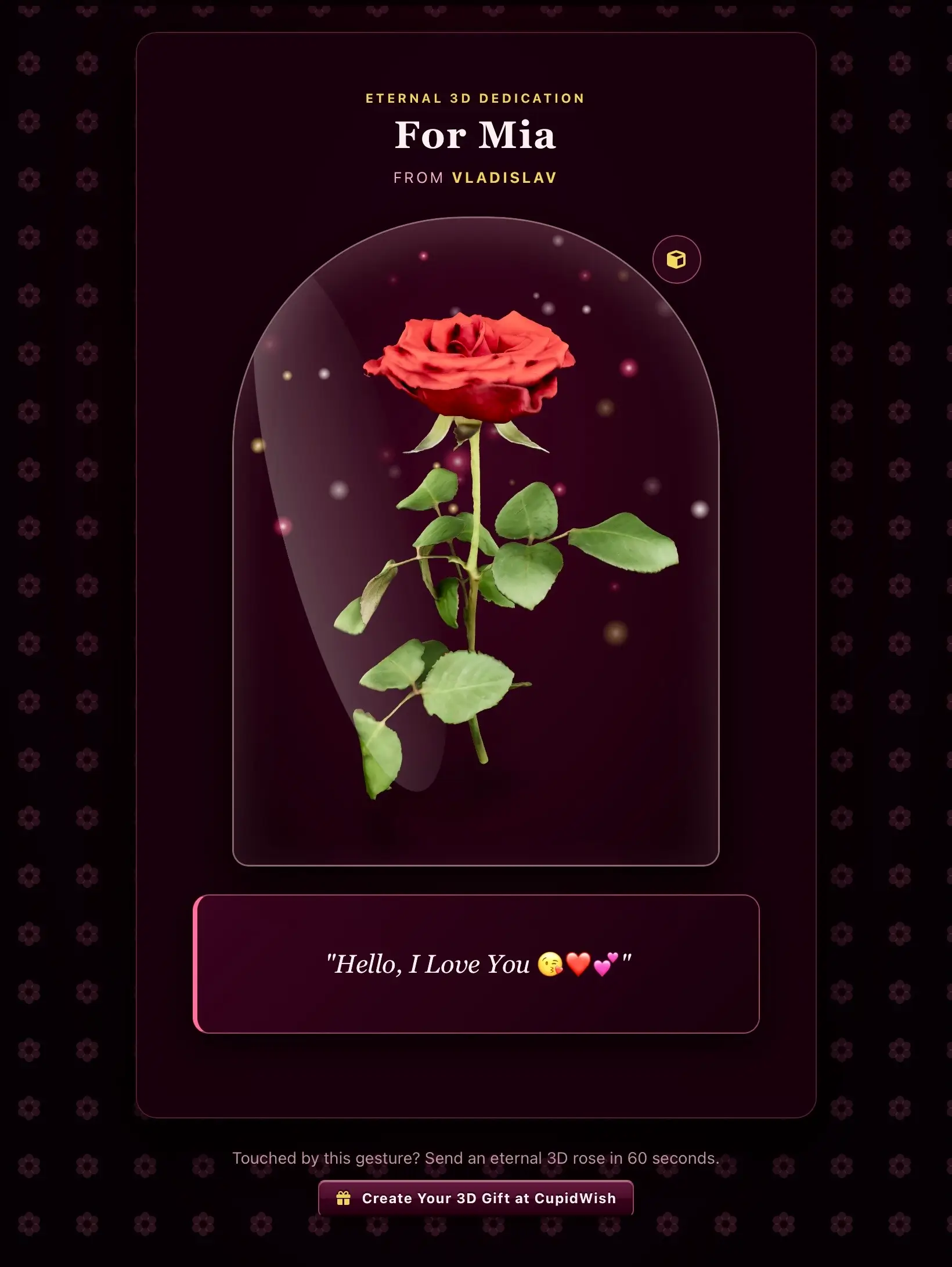 Recipient unboxing view of an eternal 3D red rose gift and romantic greeting card For Mia From Vladislav