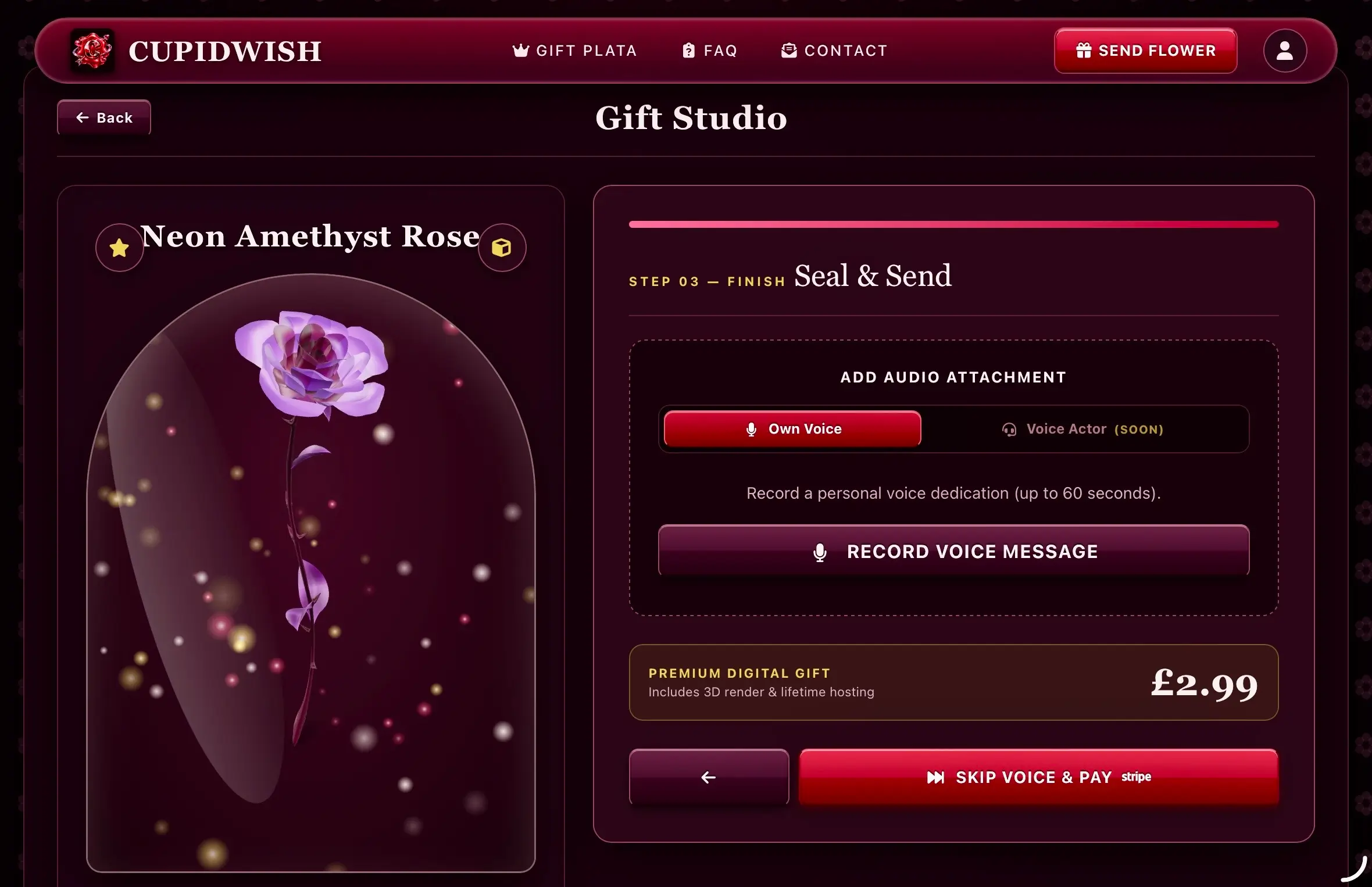 Step 3 in CupidWish Gift Studio: Neon Amethyst 3D Rose with 60-second voice message recording and Stripe checkout