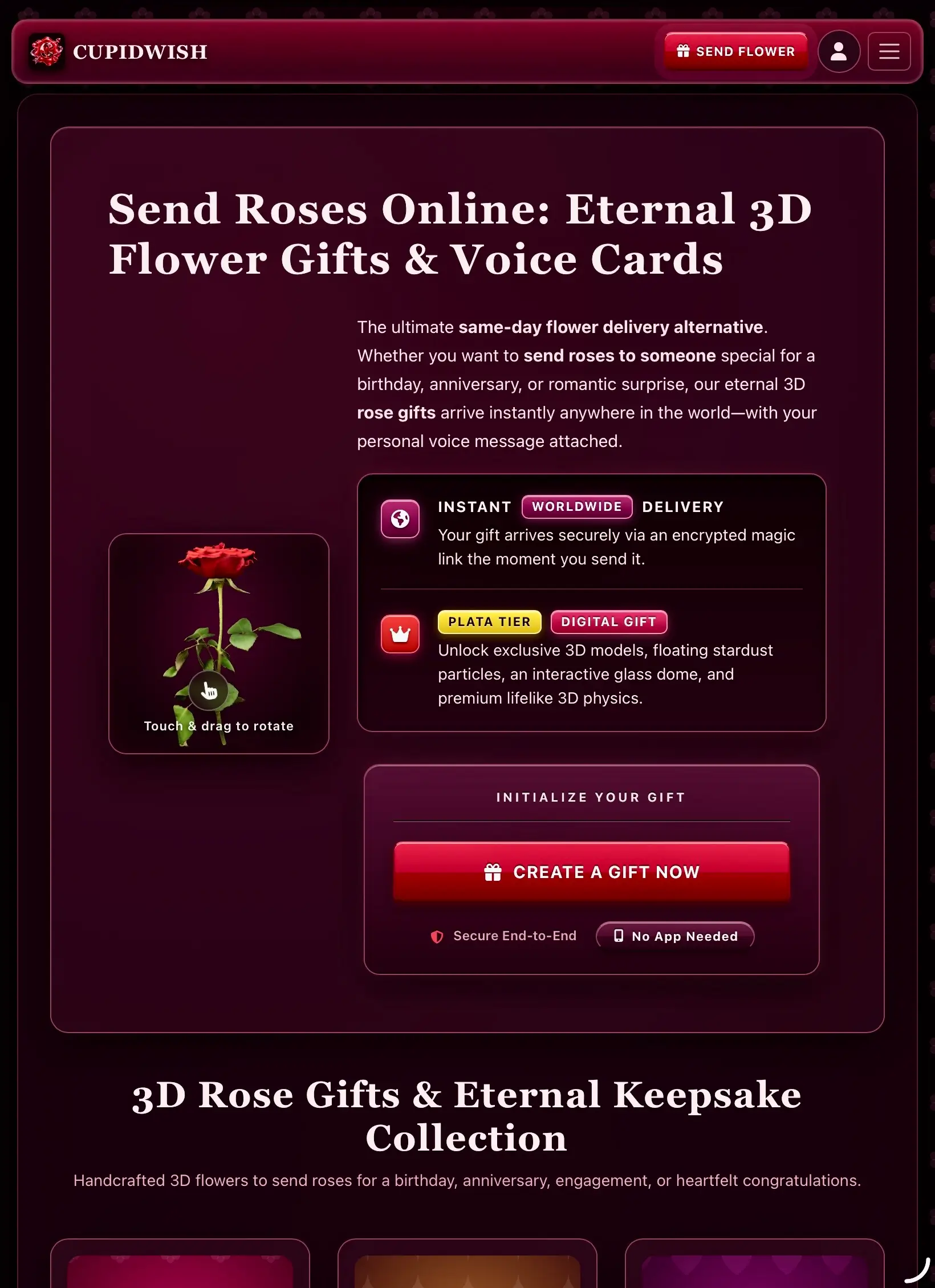 CupidWish mobile interface showing how to send roses online and create eternal 3D flower gifts on iPhone and Android