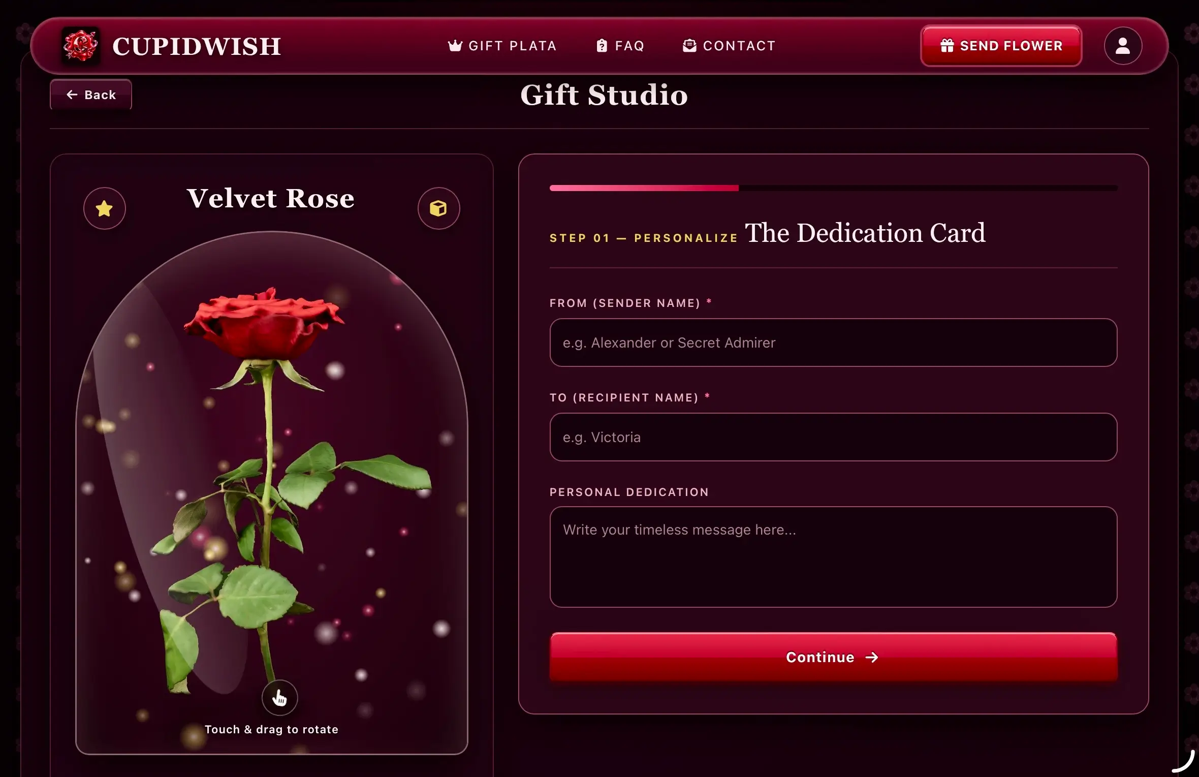 Step 1 in CupidWish Gift Studio: Personalizing the Velvet Ruby 3D Rose and writing a romantic greeting card